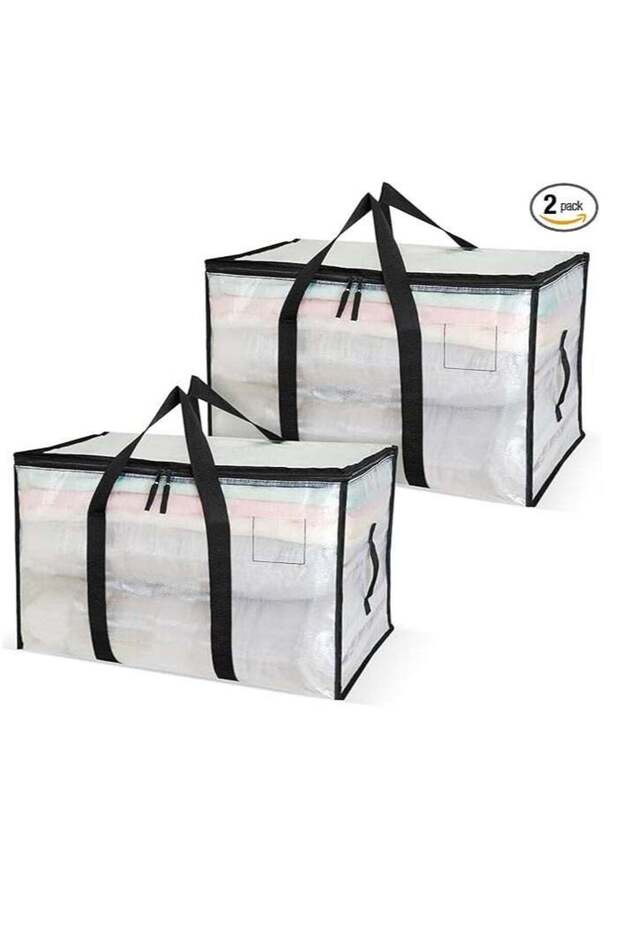 2 Pack Clear Moving Bags, 88L Wardrobe Organizer Bags with Zipper and Handle, Durable Clothing Storage Tote Bags, Storage Boxes for Bedding, Duvets, Comforters