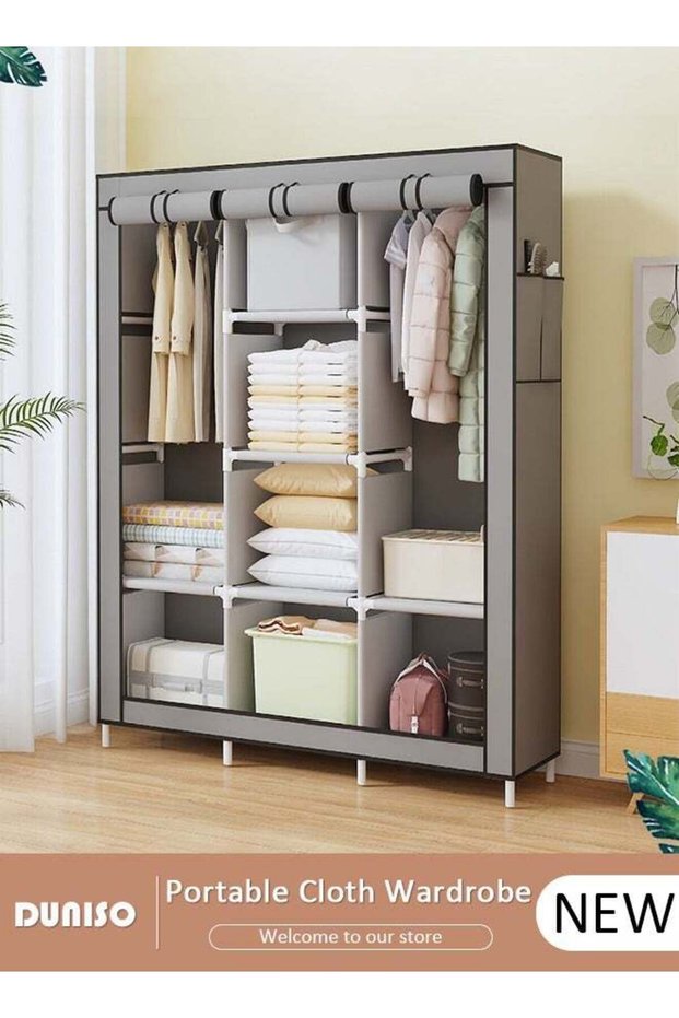 Portable Wardrobe Closet Clothes Organizer Large Capacity Storage With Reasonable Zoning , Storage Shelf with Non-Woven Fabric,6 Storage Shelves, 2 Hanging Sections,Durable and Easy to Assemble Stor