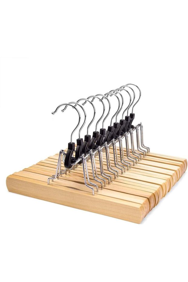 Nature Smile Wooden Pants and Skirt Hangers - 10 Pack Non-Slip Solid Wood Clamp Hangers with 360° Swivel Hook
