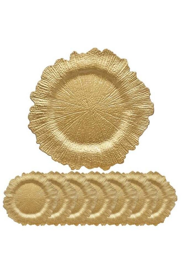10‑Pack 13 Inch Gold Reef‑Pattern Charger Plates, Reusable Plastic Decor Table Chargers, Luxury Tab
