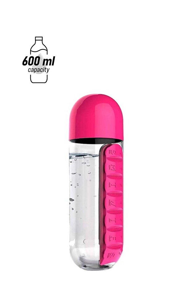 Plastic Water Bottle With Daily Pill Box Organizer Pink/Clear