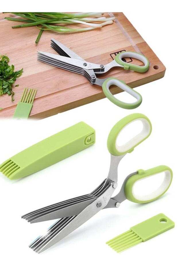 5 Blade Stainless Steel Herb Scissors Set with Safety Cover and Cleaning Comb