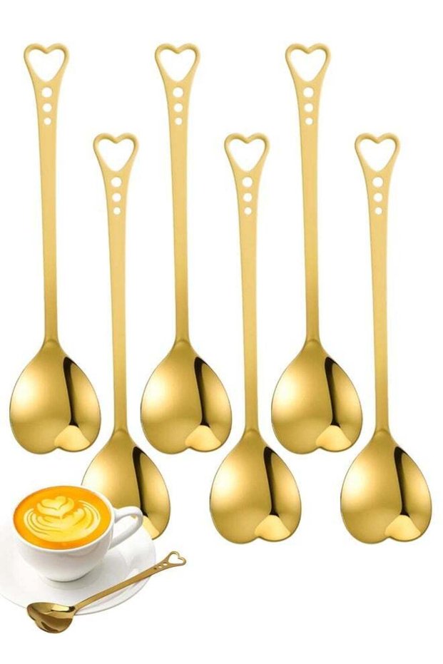 6PCS Gold Stainless Steel Heart Shaped Spoons, 5.6 Inch Demitasse Coffee Tea Spoons for Dessert Cocktail Wedding Bridal Shower Party Gifts
