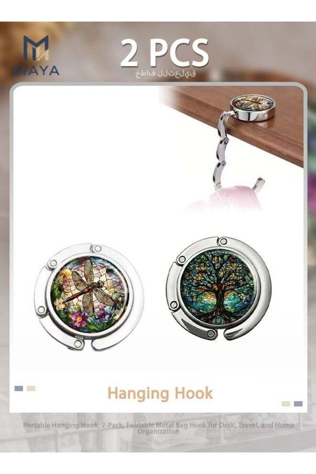 Portable Hanging Hook, 2-Pack, Foldable Metal Bag Hook for Desk, Travel, and Home Organization