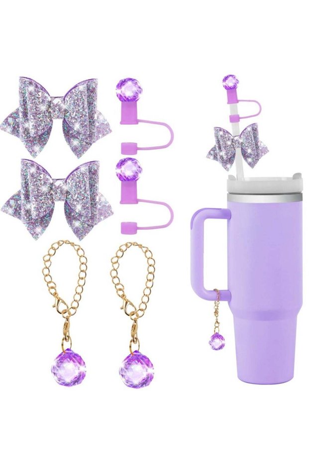 Bling Straw Cover Set for Stanley Cup Accessories (30 oz & 40 oz) - Sparkling Crystal Rhinestone Topper, Cute Bow Tie & Handle Chain Charm, 10mm Dust Plug Cap