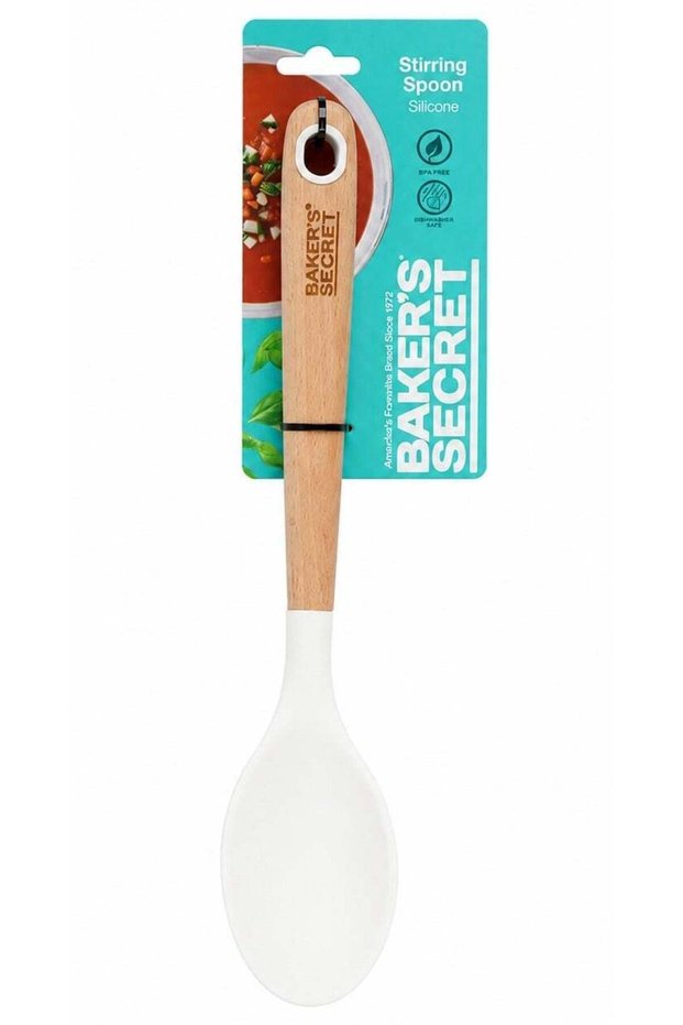 Baker's Secret Silicone Spoon with Wooden Handle 32.9 x 6.8cm, Heat-Resistant Silicone Head with Smooth Wooden Handle, For Stirring, handy, trusted, durable