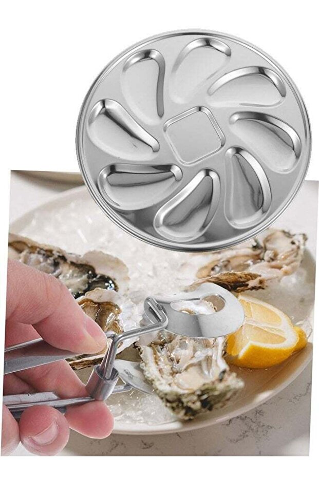 Stainless Steel Oyster Plate Compartment Seafood Serving Platter Clamp