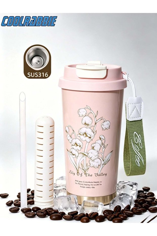Travel Coffee Mug,Large Capacity Tumbler with Lid and Straw Stainless steel Coffee Thermo,Double Wall Vacuum Insulated Travel Coffee Mug (Pink(Lily of the valley)