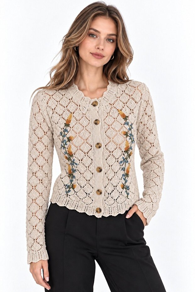 Beige Floral Embroidered Openwork Knitwear Cardigan