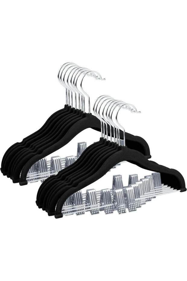 ManGotree 16 Pack Black 30 cm Baby Velvet Hangers with Movable Clips, Non-Slip Kids Felt Hangers, Ultra-Thin Space-Saving Children's Clothes Hangers for Skirts, Pants, Dresses, Shirts, Jackets