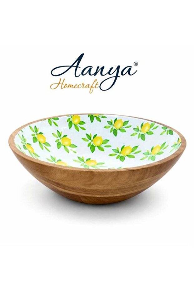 20 cm Acacia Wood Salad Bowl with Lemon Print Enamel Interior – Premium Natural Wood Serving Bowl f