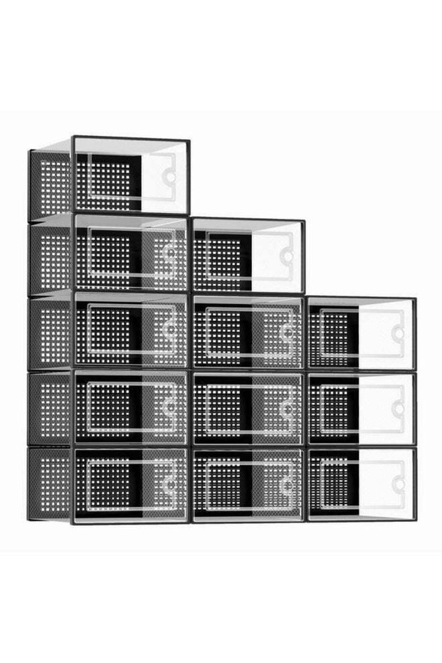 Large Shoe Organizers Storage Boxes for Closet, 12 Pack Clear Plastic Stackable Storage Bins with Lids, Under Bed Shoe Containers for Entryway, Drop Front, Fit up to Women's Size 10,Black