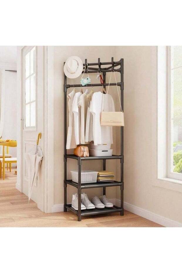 Multi-Functional Corner Coat & Hat Rack Stand With Hook, Freestanding Garment Storage Stand, Shoe Organizer, Storage Shelf, Organizer for Bedroom or Entryway, Vantablack (1pc)