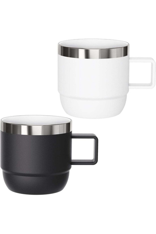 Espresso Mug with Handle, 6 oz Stainless Steel Coffee Cup with Ceramic Lining Double Wall Vacuum Insulated, Stackable Dishwasher Safe Tumbler for Home Office Espresso Machine, 2 Pack Black White