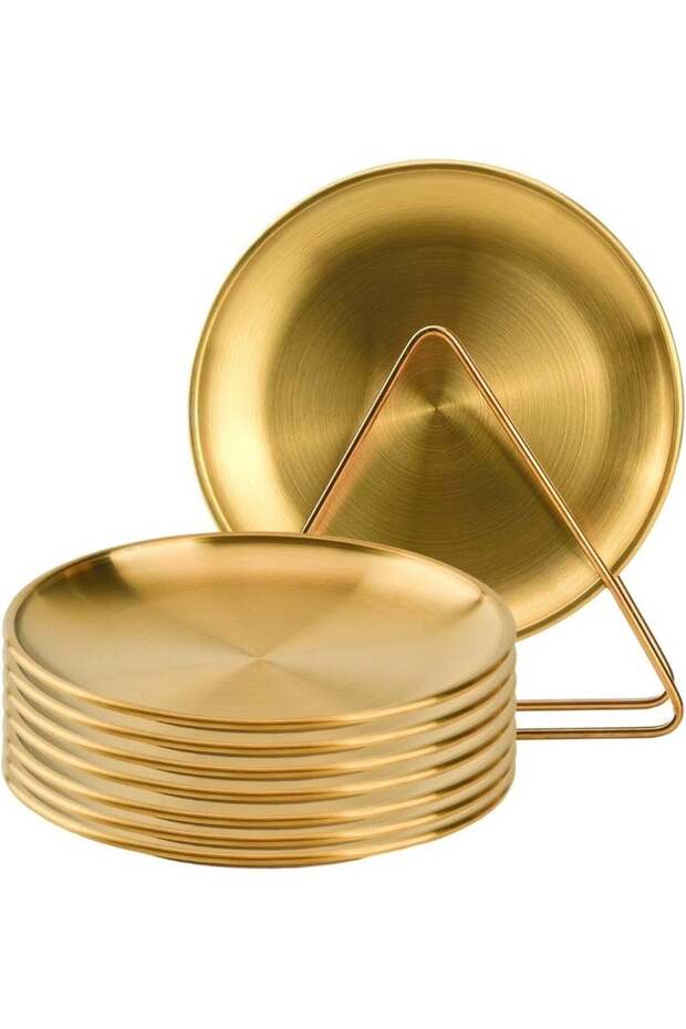 8-piece 6.5-inch appetizer plate with stand set Gold silver stainless steel round plates Suitable f