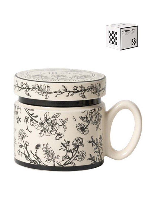 380Ml Microwave - Safe Ceramic Mug With Lid - Black Floral Pattern, Stylish & Functional For Coffee, Tea & Beverage