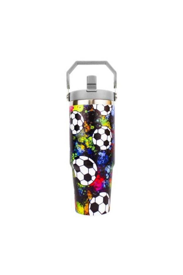 UKR Large Water Bottle 900 ml for Boys 30 oz Football Tumbler for Kids Color Splash Design Insulated Stainless Steel Bottle with Straw, Handle & Lid Water Cup for Sports BPA-Free, Spill-Proof
