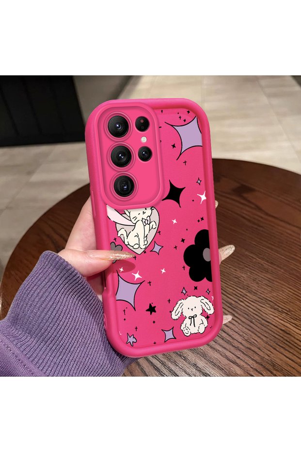 Samsung Galaxy S22 Ultra Compatible Pink Red Silicone Case Shockproof Camera Protection Cat and Star Pattern