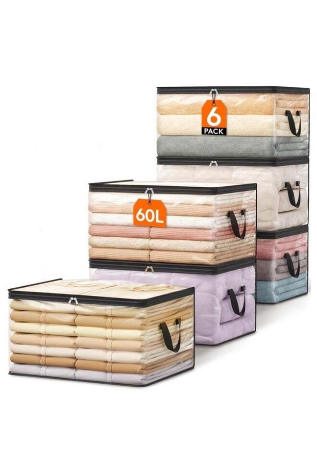 6 Pack Clear Clothes Storage Bags, 60L Plastic Blanket Storage Bags, Foldable Moving Bags with Zipper Handle, Waterproof and Dustproof,Sturdy and Durable,for Bedding, Duvet, Comforter,Pillow,Toys,55*