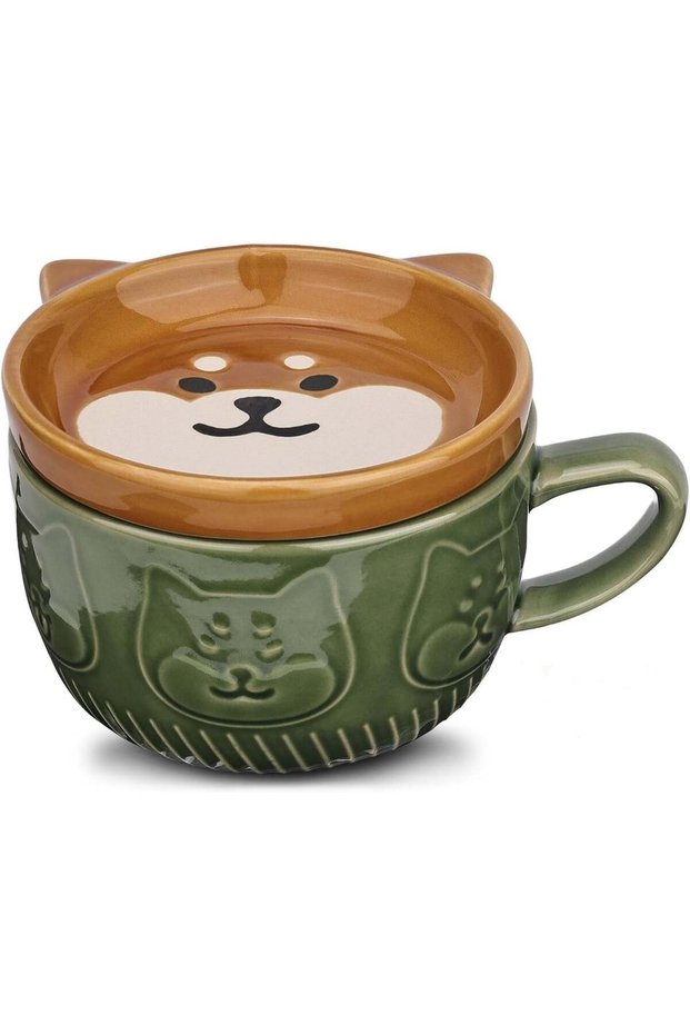 Cute Ceramic Cat Coffee Mug with Lid,Kawaii Coffee Mugs or Tea Cups for Cat Lovers,Funny Novelty Cat Breakfast Mugs for Women Wife Mum Girls Boys Friends Kids Christmas Birthday Gift,300ML (Green)