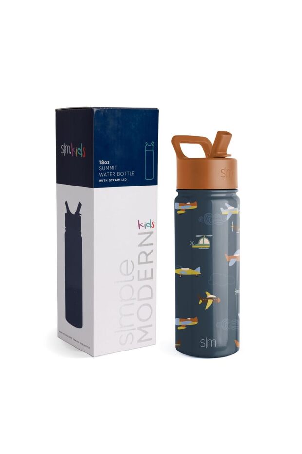 Kids Water Bottle with Straw Lid | Insulated Stainless Steel Reusable Tumbler for Toddlers, School | Summit Collection | 18oz, Wheels Up