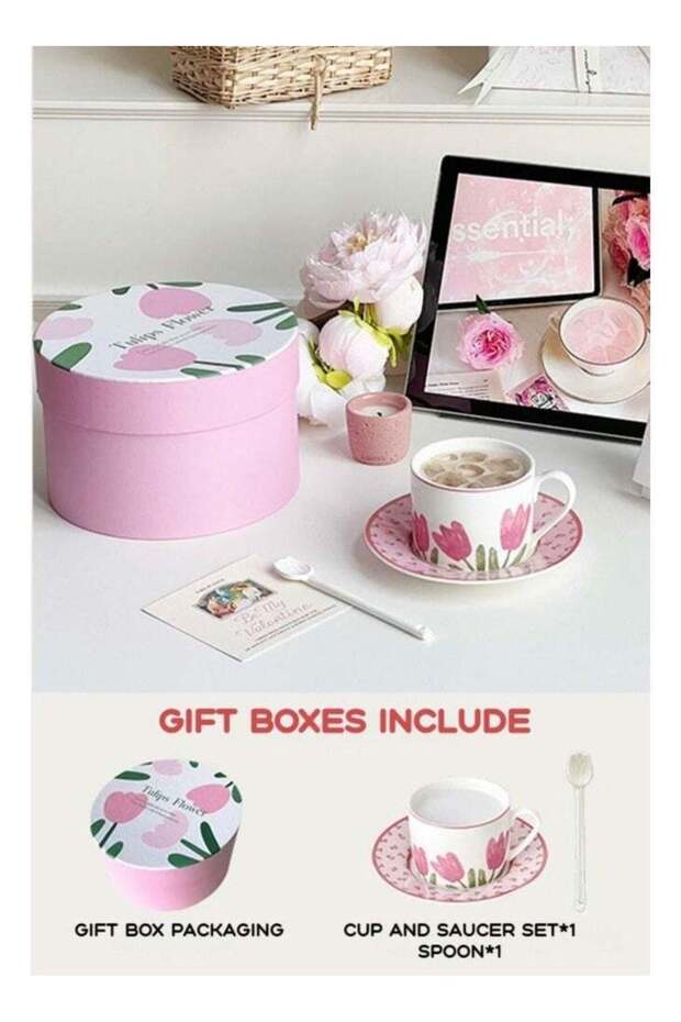 Mug Retro Tulip Coffee Cup and Saucer Set, High-Value Exquisite Mug Saucer Afternoon Tea Ceramic Cup and Saucer Set with Spoon and Gift Box Teacup Pottery Coffee Cup