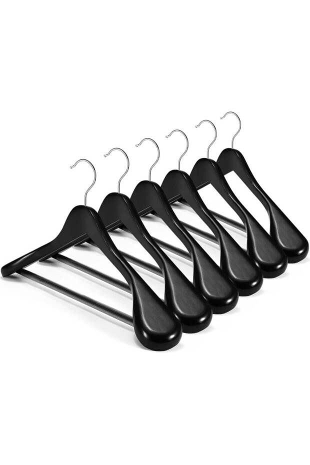 HOUSE DAY 6 Pack High-Grade Suit Hangers with Non-Slip Pants Bar and 360° Swivel Hook - Black Wooden Coat Hangers