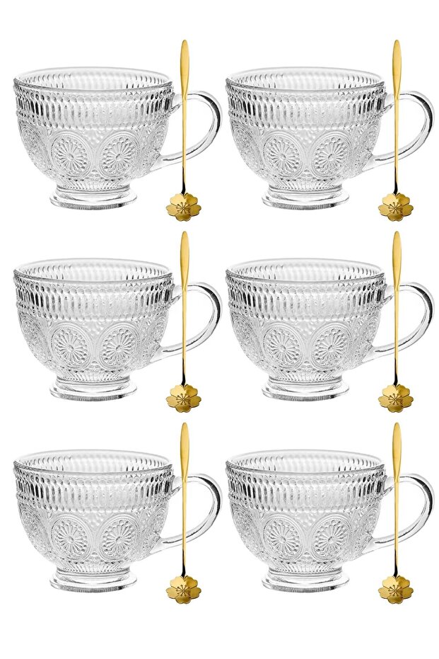 6-Piece Transparent High Borosilicate Glass Coffee Mugs – Intricate Embossed Pattern Design With Spoons Included For Coffee, Beverage & Elegant Serving , Each Cup Holds 400 Milliliters