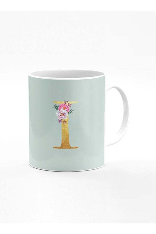 Designer Printed Coffee Mug 11oz Ceramic Personalised Gift Mugs Cup -Custom Monogram Initial Letter Floral Pattern Alphabet - I (Light Green)