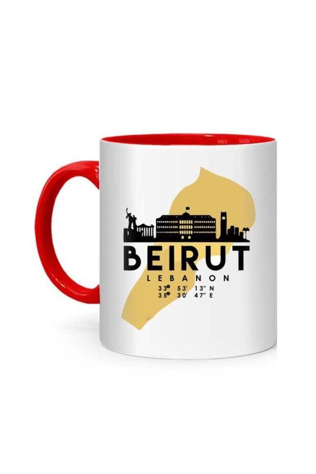 Beirut Lebanon Skyline Map Art Printed Mug White/Red 10cm
