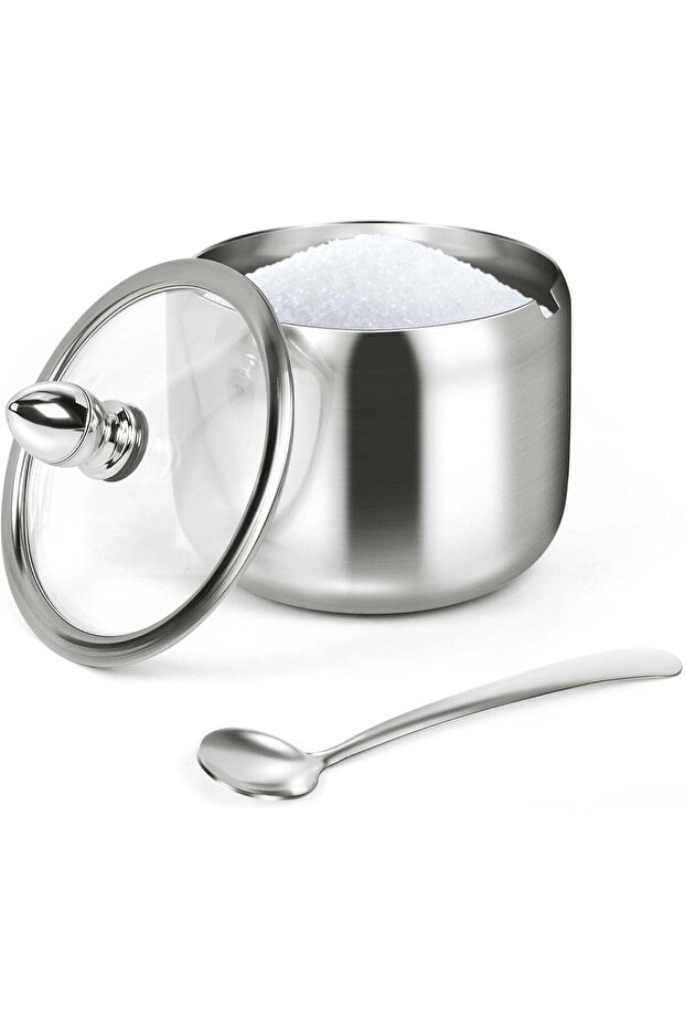 Sugar Container with Glass Lid and Spoon - 10oz Stainless Steel Sugar Bowl for Coffee Bar Station A