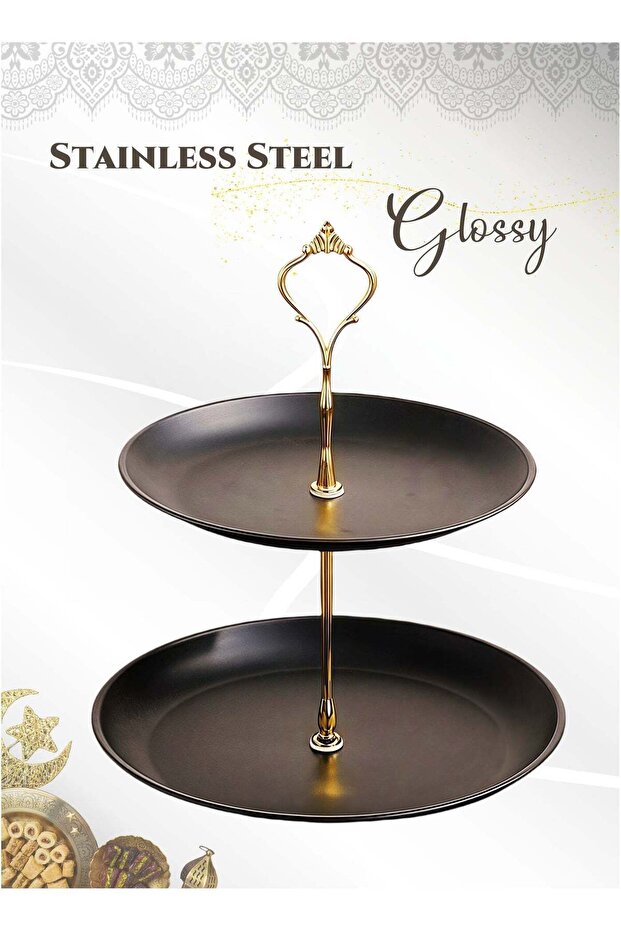 Black Gold Stainless Steel 2-Layer Dessert Stand Fruit Tray ,Cake Stand,Display Rack, Kitchen Dinin