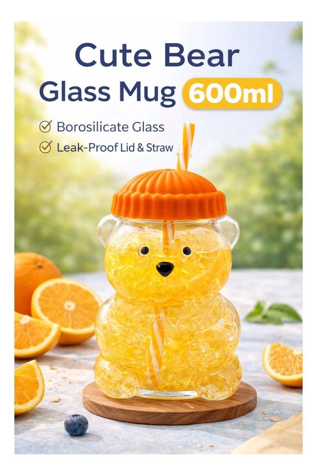 Dubai Aswaaq Cute Bear Glass Cup 600ML | Handmade Borosilicate Tumbler with Straw & Silicone Lid | Aesthetic Coffee Mug for Iced Coffee, Boba & Tea | Microwave Safe | Fast UAE Delivery 6 Vibrant Colo