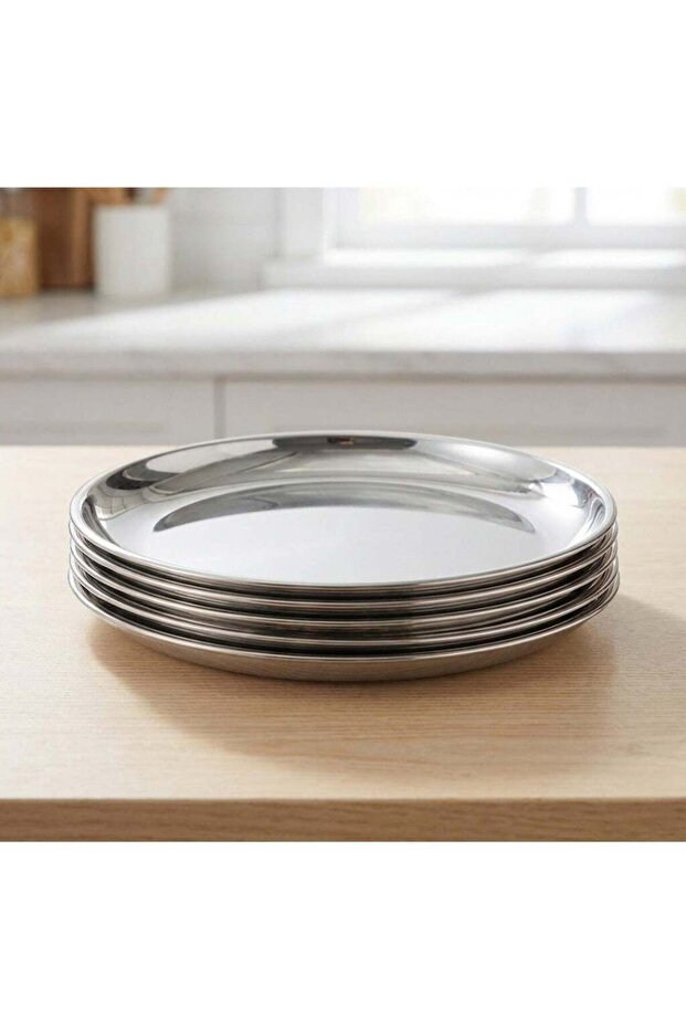 Stainless Steel Dinner Plates Set – 20cm Reusable Metal Plates, 5-Piece Set for Home, Camping & Out
