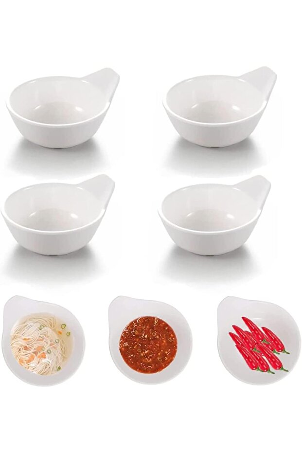 4 Pcs Dipping Sauce Bowls with Handle, Round White Seasoning Plates, Stackable Plastic Ketchup Ice