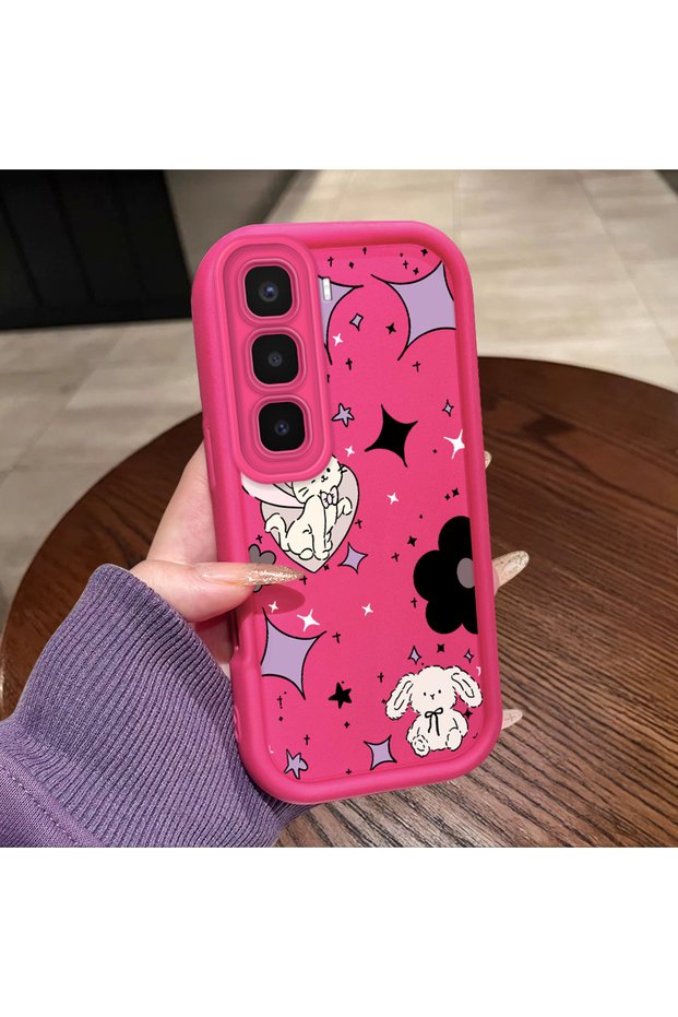 Infinix Hot 60 Pro Plus Compatible Pink Red Silicone Case Shockproof Camera Protection Cat and Star Pattern