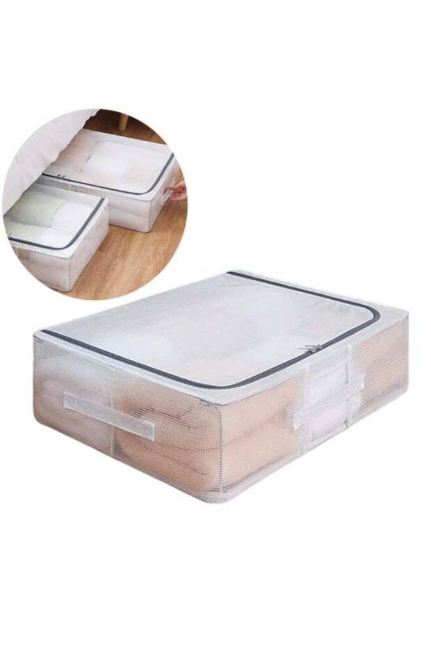 Under Bed Storage Box with Steel Frame, Foldable Clear PVC Mesh Clothes Organizer, Sturdy Stackable Storage Bin with 3 Handles, Dustproof Moisture Proof Closet Organizer for Blankets Bedding Clothes,