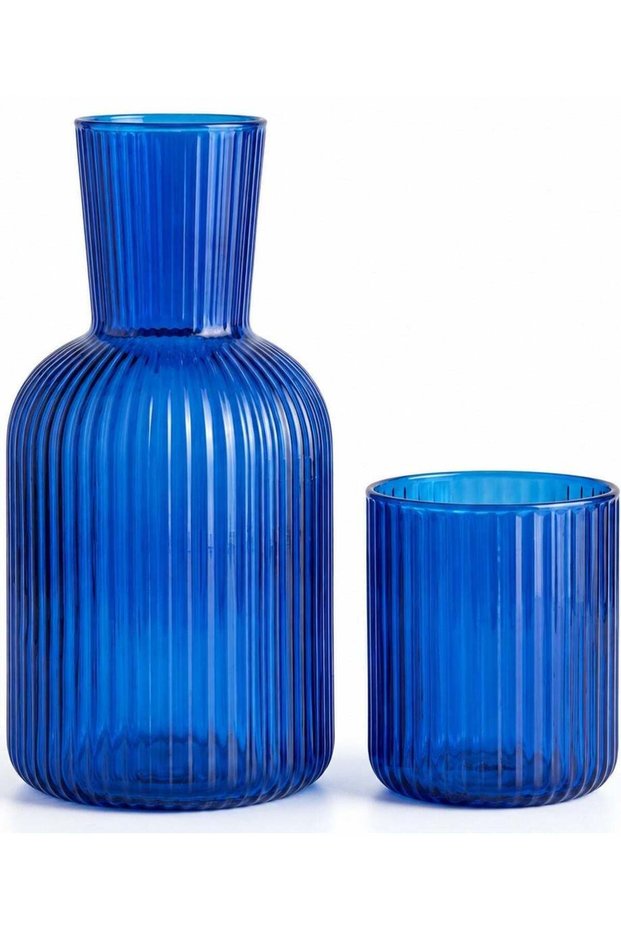 750ml Carafe + 250ml Cup Blue Ribbed Glass Water Set – Premium Borosilicate Bedside Carafe for Bedroom, Hotel & Office – Night Carafe with Drinking Glass