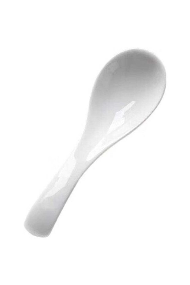 Shihua Ceramic Small Rice Spoon, Soup Spoon, Small Spoon, 5-Piece Set, Curved Handle, Tablespoon, For Home And Hotel Use, Pure White Dinner Spoon