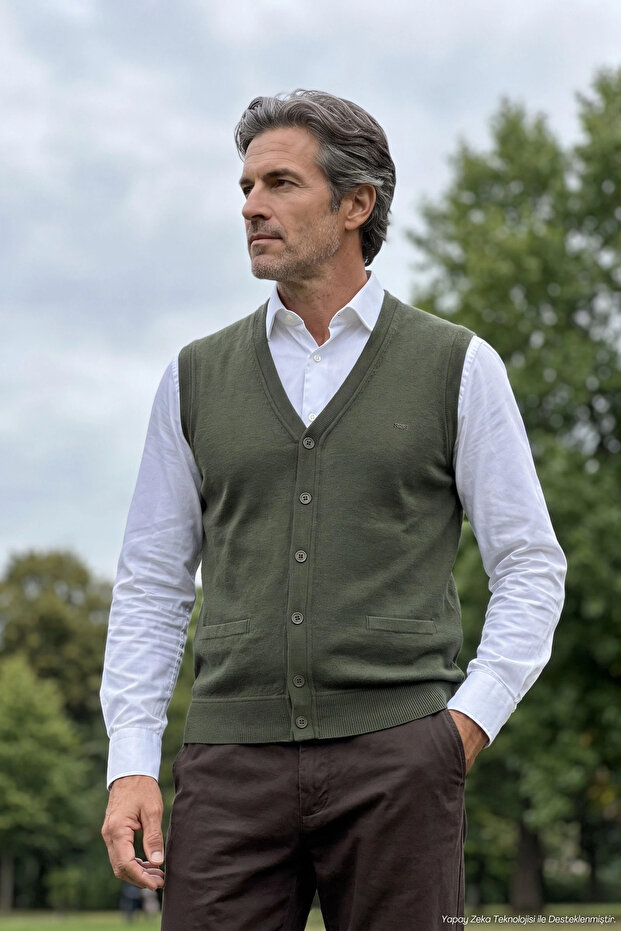 Men's Buttoned Khaki Vest with Thessaloniki Knit Pockets Classic Fit - 5550L