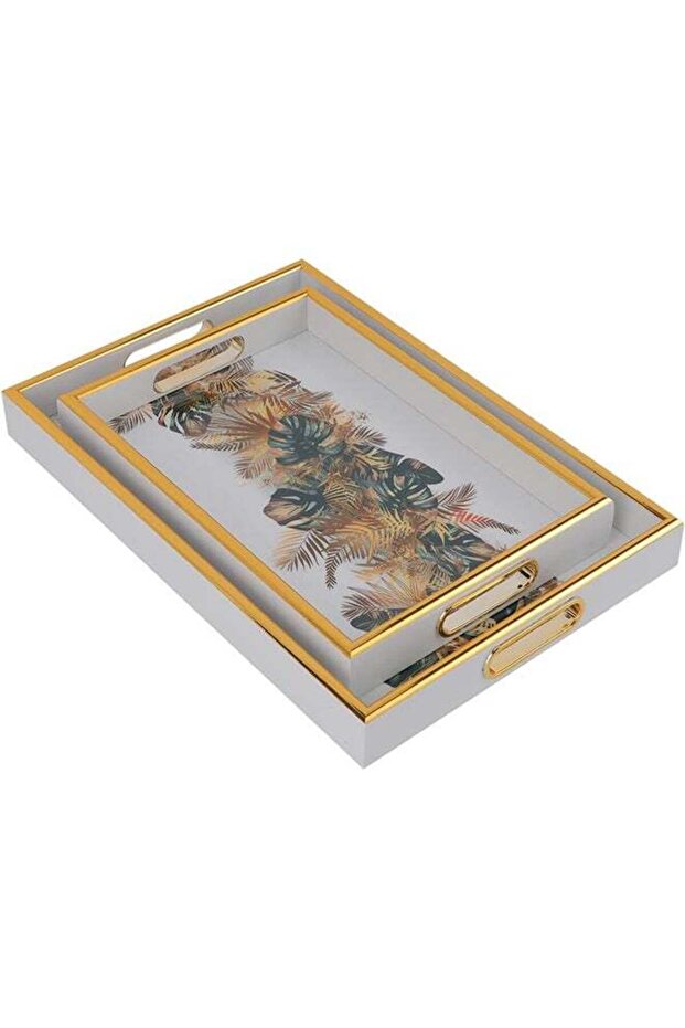 Royalford 2-Piece Rectangular Plastic and MDF Arabic Style Serving Tray Set | Handles, White and Go