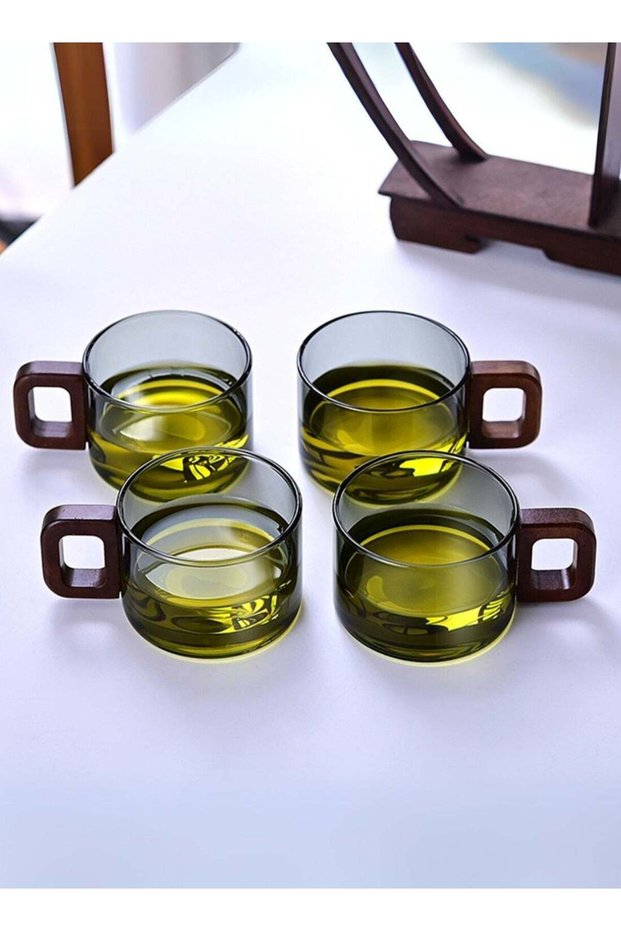 Set of 4 - 200ML Borosilicate Glass Cups with Walnut Acacia Wooden Handle, Heat-Resistant & Elegant Glassware for Tea, Coffee & More, Smoky Grey
