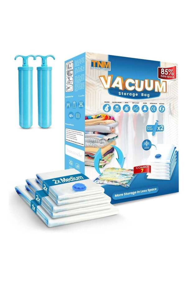 Vacuum Storage Bags, Pack of 7 with Hand Pump, Space Saver Bags for Clothes, Blankets, Bedding & Travel