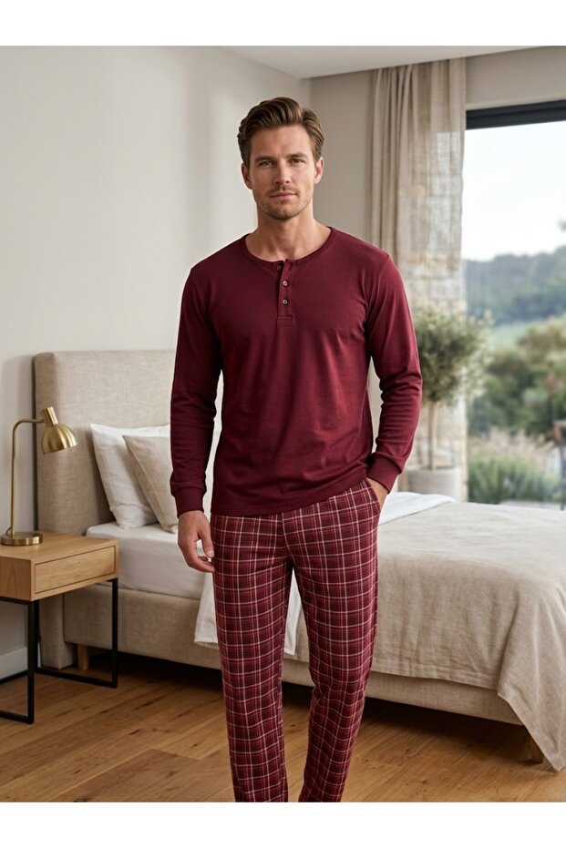Men's Long Sleeve Three Button Collar Plaid Pattern 100% Cotton Winter Pajama Set