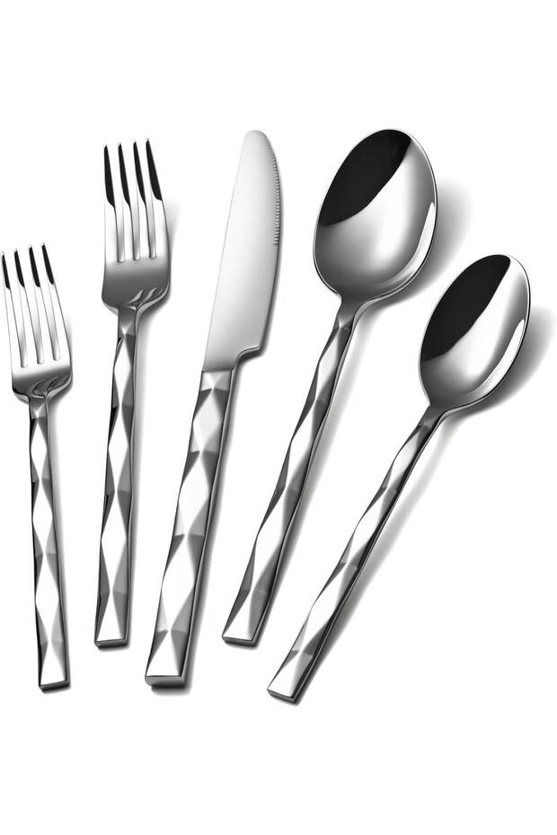 Silverware Set, 5 Piece Stainless Steel Flatware Cutlery Set, Stainless Steel Polished, Mirror Finish, Dishwasher Safe, for Home, Camping, Party, Healthy And Durable (Sliver)