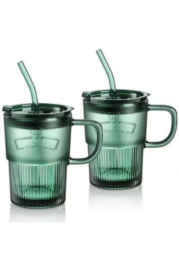 Glass Coffee Tumbler,Set Of 2 Coffee Tea Glasses Mug With Handle Lid And Straw,15oz Green Colored Drinking Jar For Water Juice Beverages Soda Milk