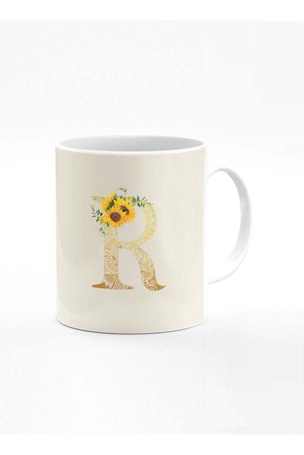 Designer Printed Coffee Mug 11oz Ceramic Personalised Gift Mugs Cup Custom Monogram Initial Letter Floral Pattern Alphabet R (Albescent White)
