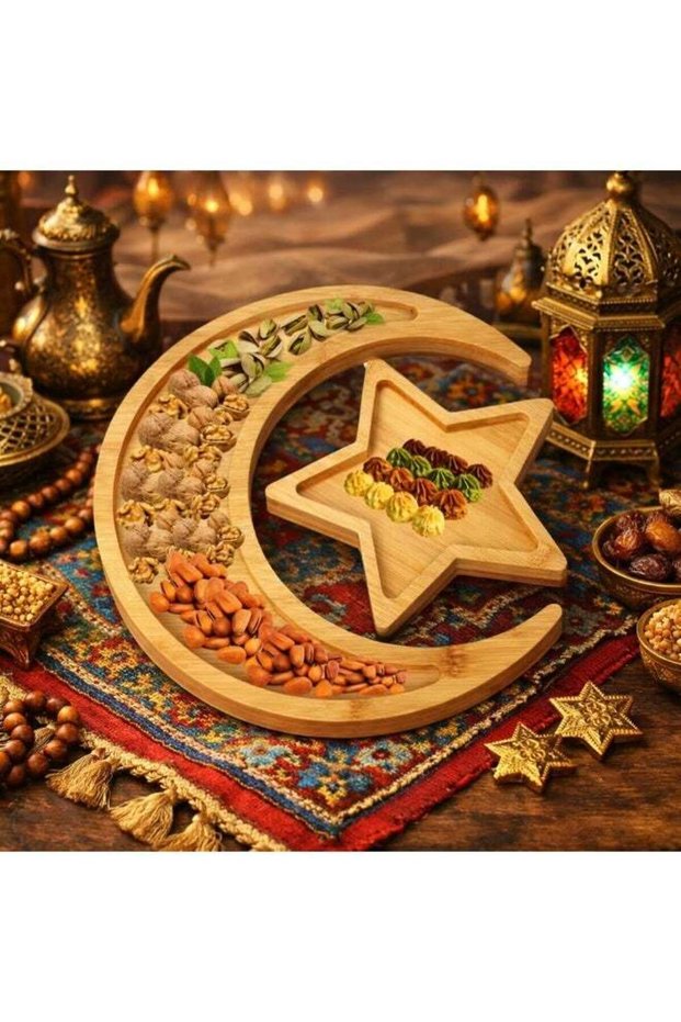Fruit Platter – Crescent Moon Set – Bamboo Tray with Wooden Base – Eid al-Fitr Party Snack Plate