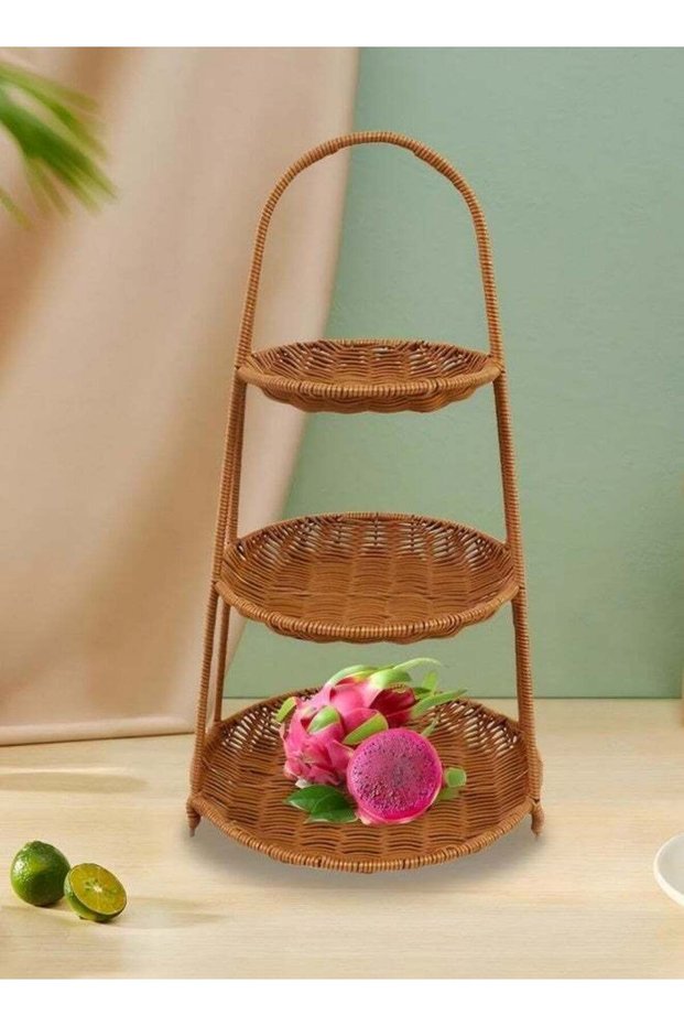 Circular Food Serving Basket Storage Rack Imitation Rattan Portable, Three Layers