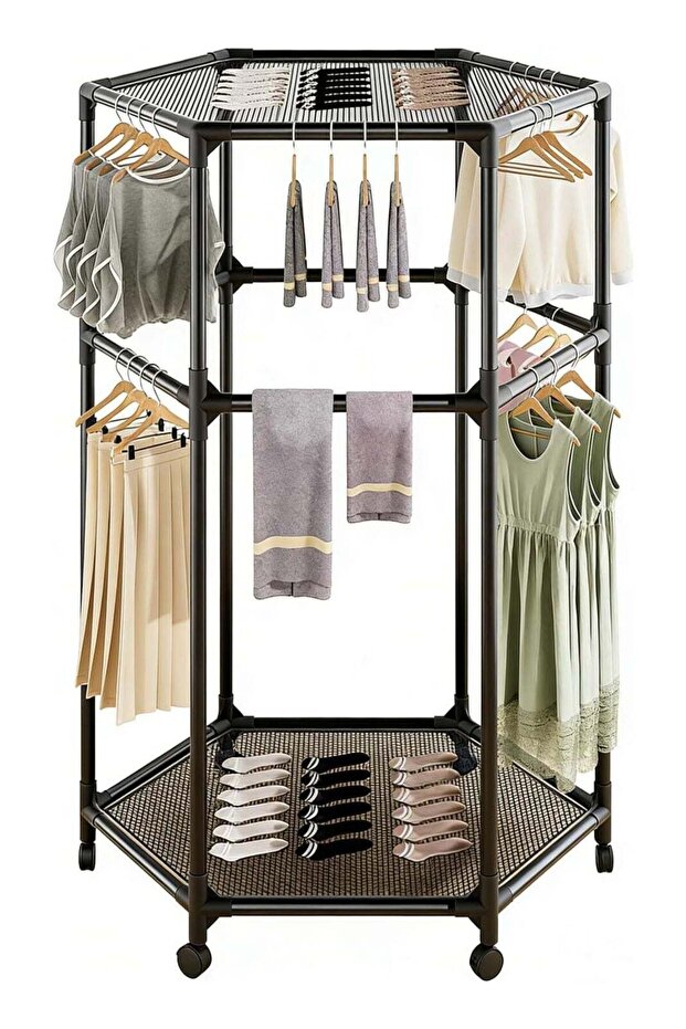 Clothes Rack with Wheels, Clothing Rack with drying mesh, Standing Garment Storage for Indoor, Hanging Rod for Bedroom Laundry Room, Coat Dress Organizer on Wheels (70.1" H)